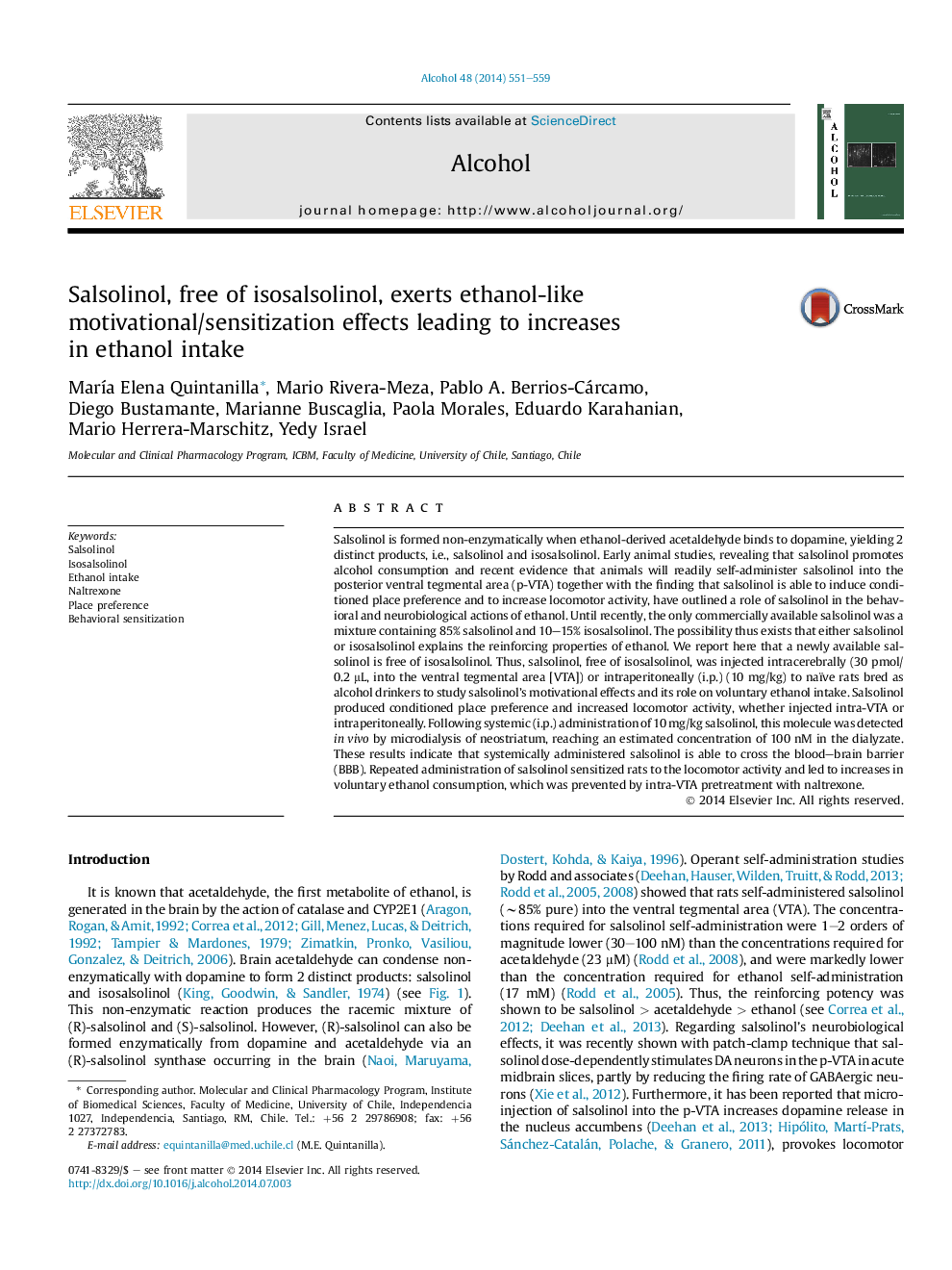 Salsolinol, free of isosalsolinol, exerts ethanol-like motivational/sensitization effects leading to increases in ethanol intake