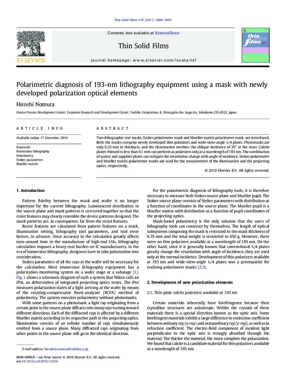 عکس صفحه اول مقاله: Polarimetric diagnosis of 193-nm lithography equipment using a mask with newly developed polarization optical elements Polarimetric diagnosis of 193-nm lithography equipment using a mask with newly developed polarization optical elements