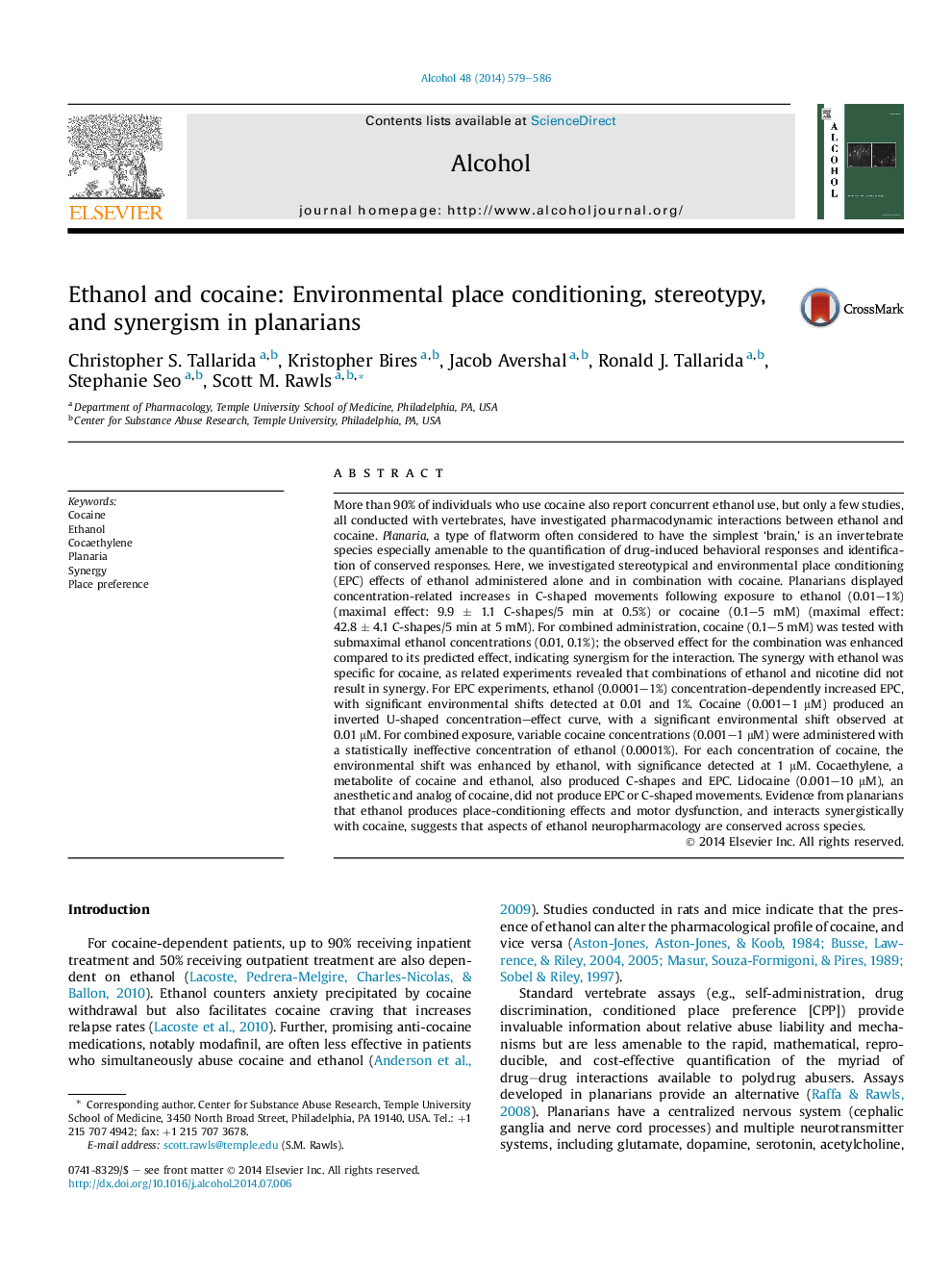 Ethanol and cocaine: Environmental place conditioning, stereotypy, and synergism in planarians