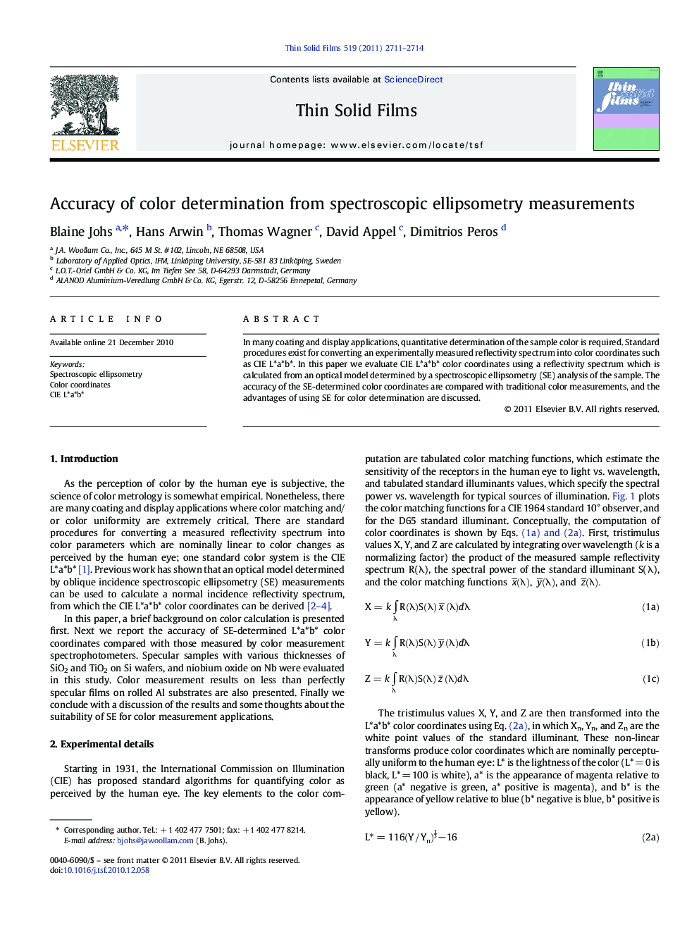 Accuracy of color determination from spectroscopic ellipsometry measurements