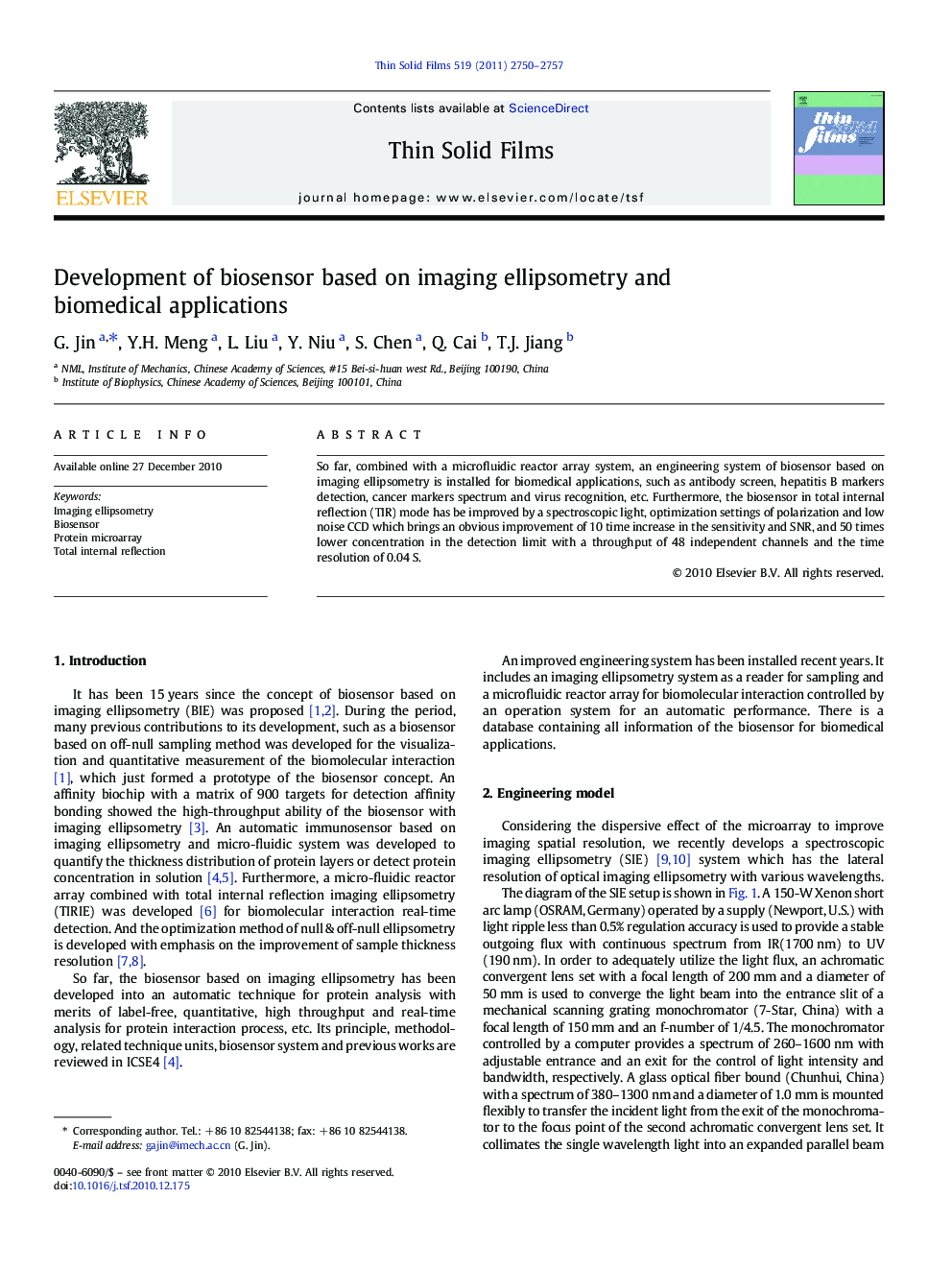 Development of biosensor based on imaging ellipsometry and biomedical applications