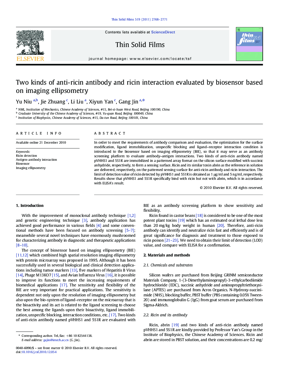 Two kinds of anti-ricin antibody and ricin interaction evaluated by biosensor based on imaging ellipsometry