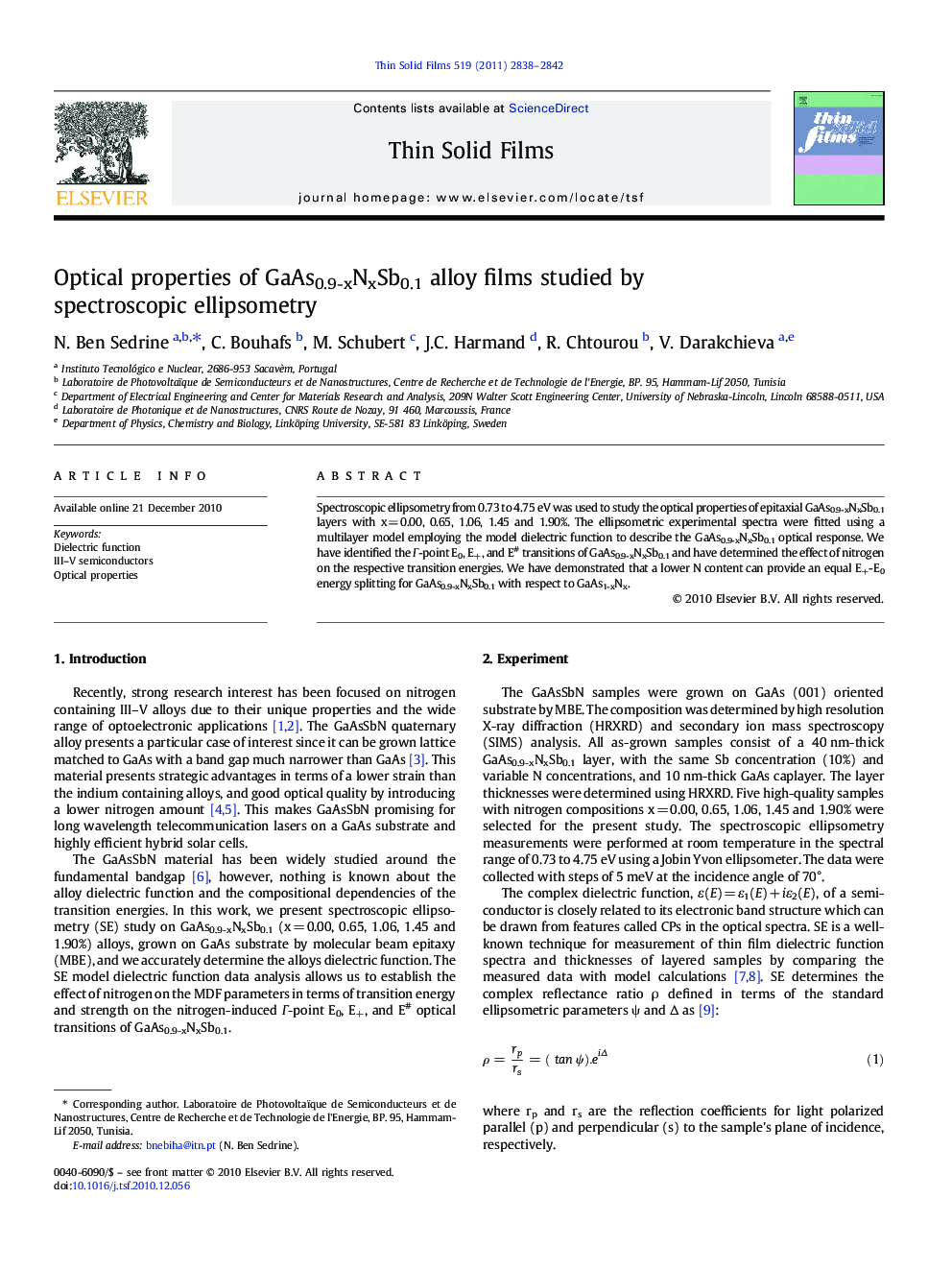 Optical properties of GaAs0.9-xNxSb0.1 alloy films studied by spectroscopic ellipsometry