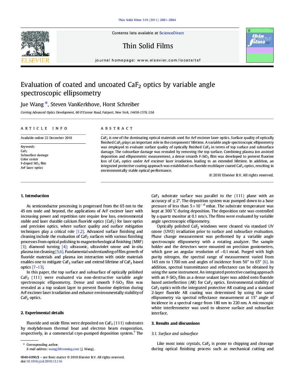 Evaluation of coated and uncoated CaF2 optics by variable angle spectroscopic ellipsometry