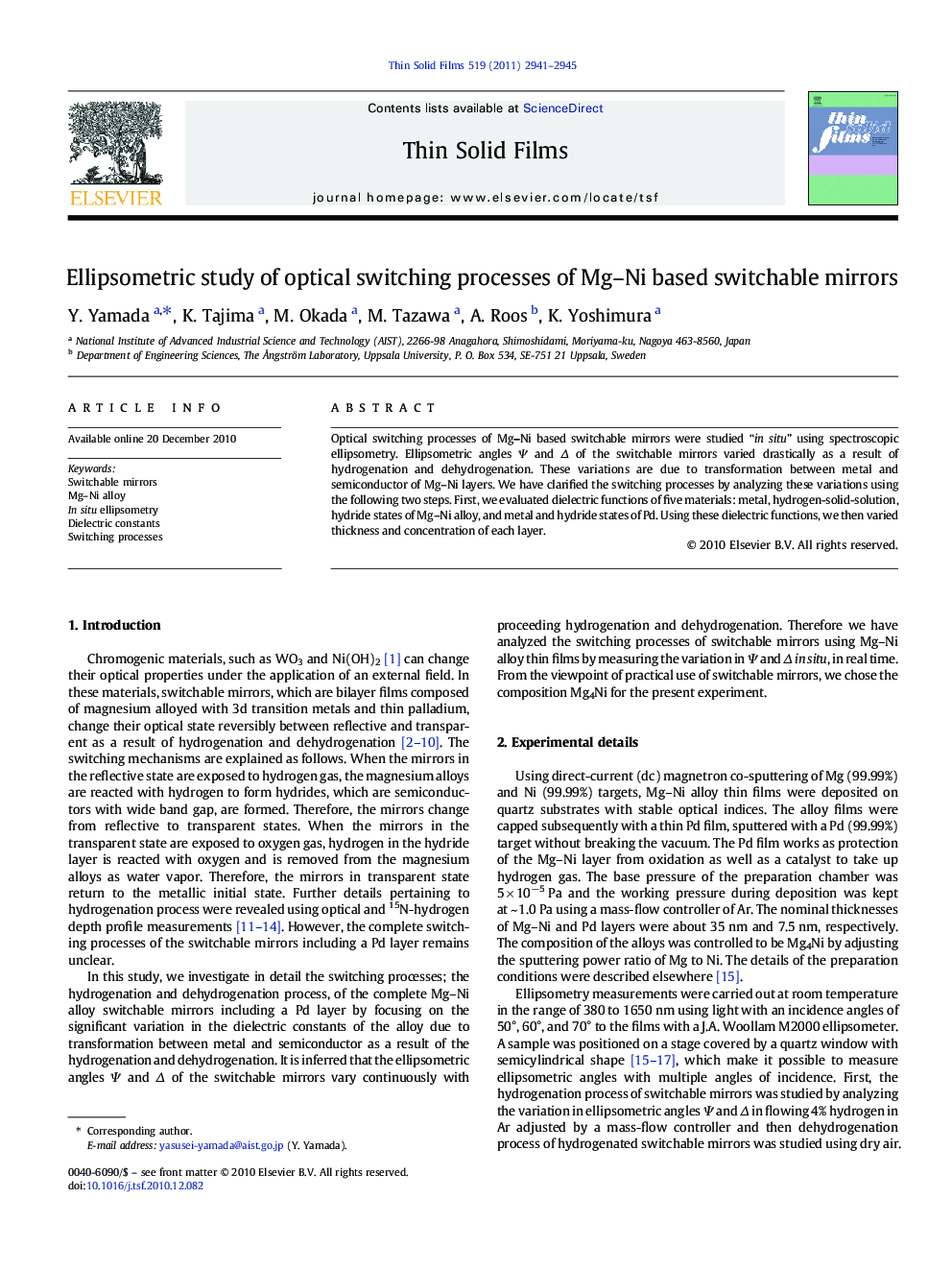 Ellipsometric study of optical switching processes of Mg-Ni based switchable mirrors