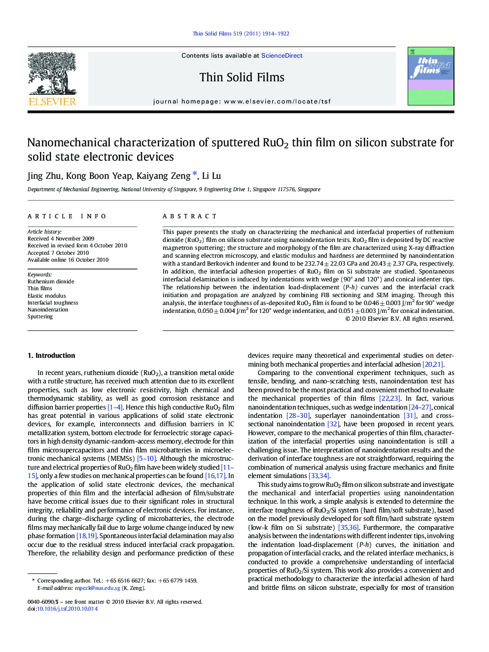 Nanomechanical characterization of sputtered RuO2 thin film on silicon substrate for solid state electronic devices