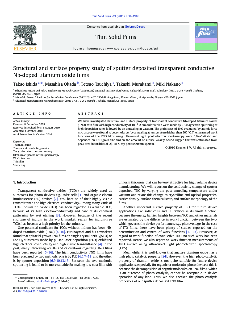 Structural and surface property study of sputter deposited transparent conductive Nb-doped titanium oxide films