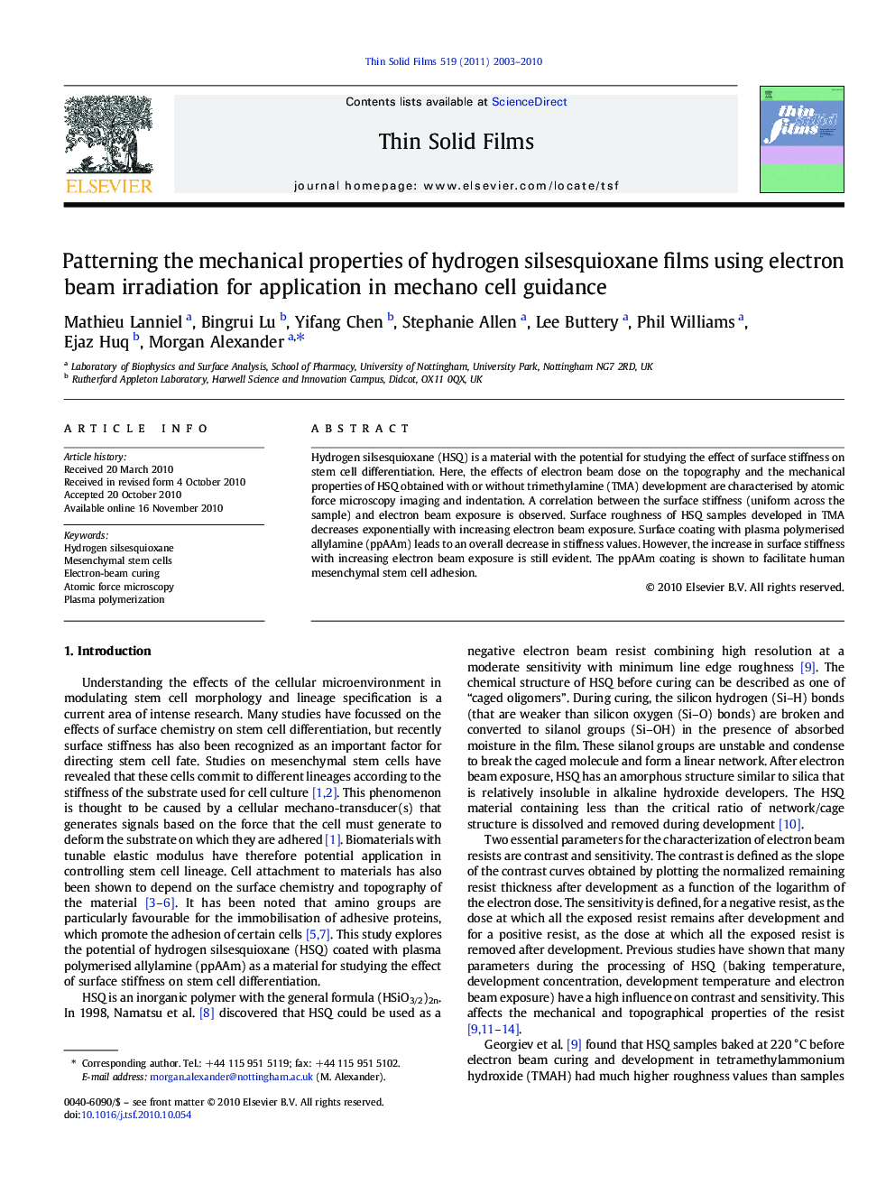 Patterning the mechanical properties of hydrogen silsesquioxane films using electron beam irradiation for application in mechano cell guidance