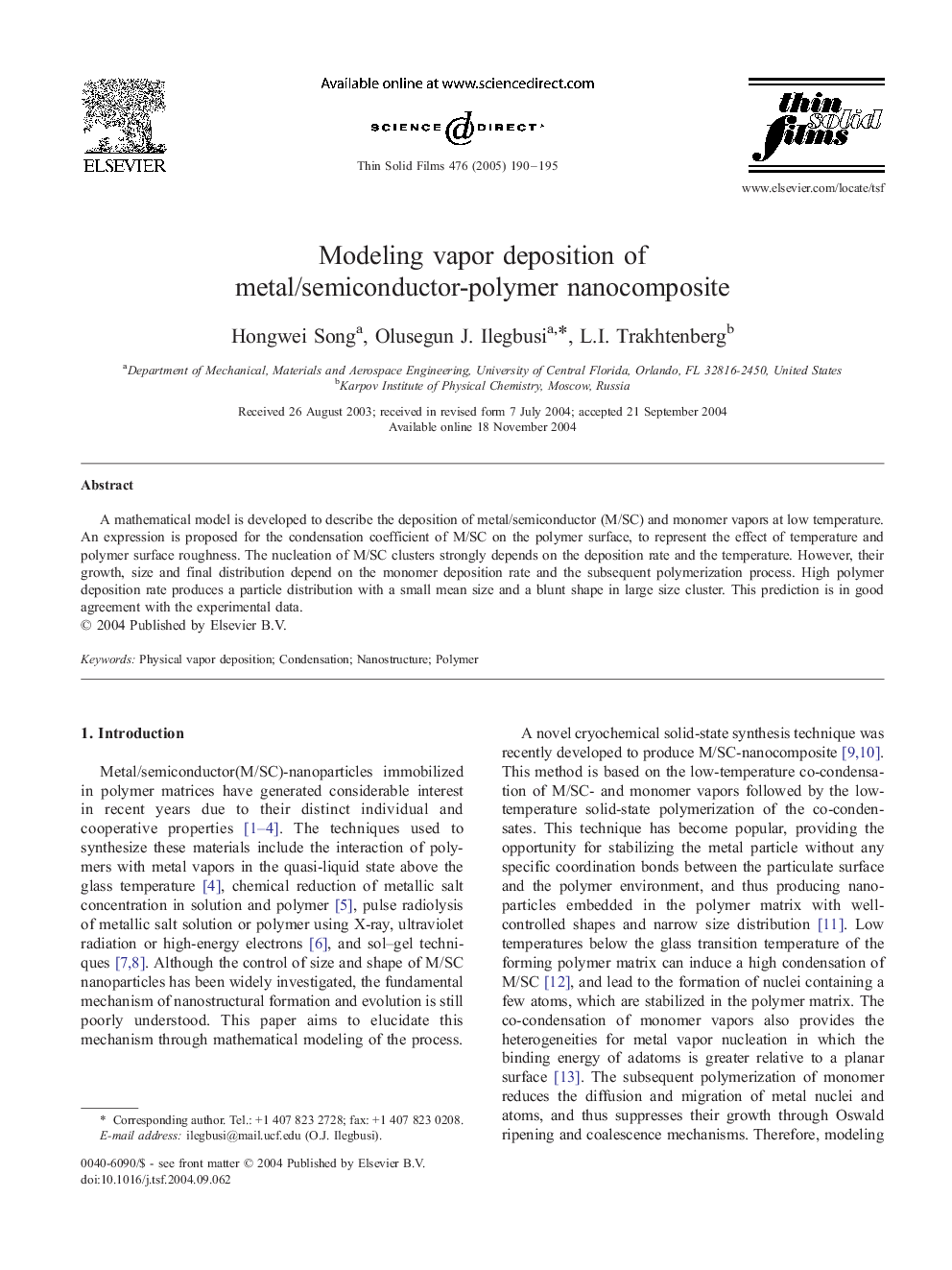 Modeling vapor deposition of metal/semiconductor-polymer nanocomposite