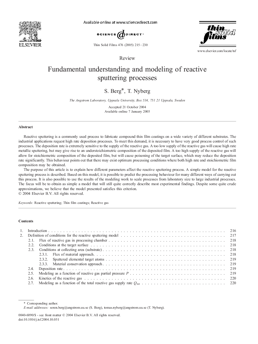 Fundamental understanding and modeling of reactive sputtering processes