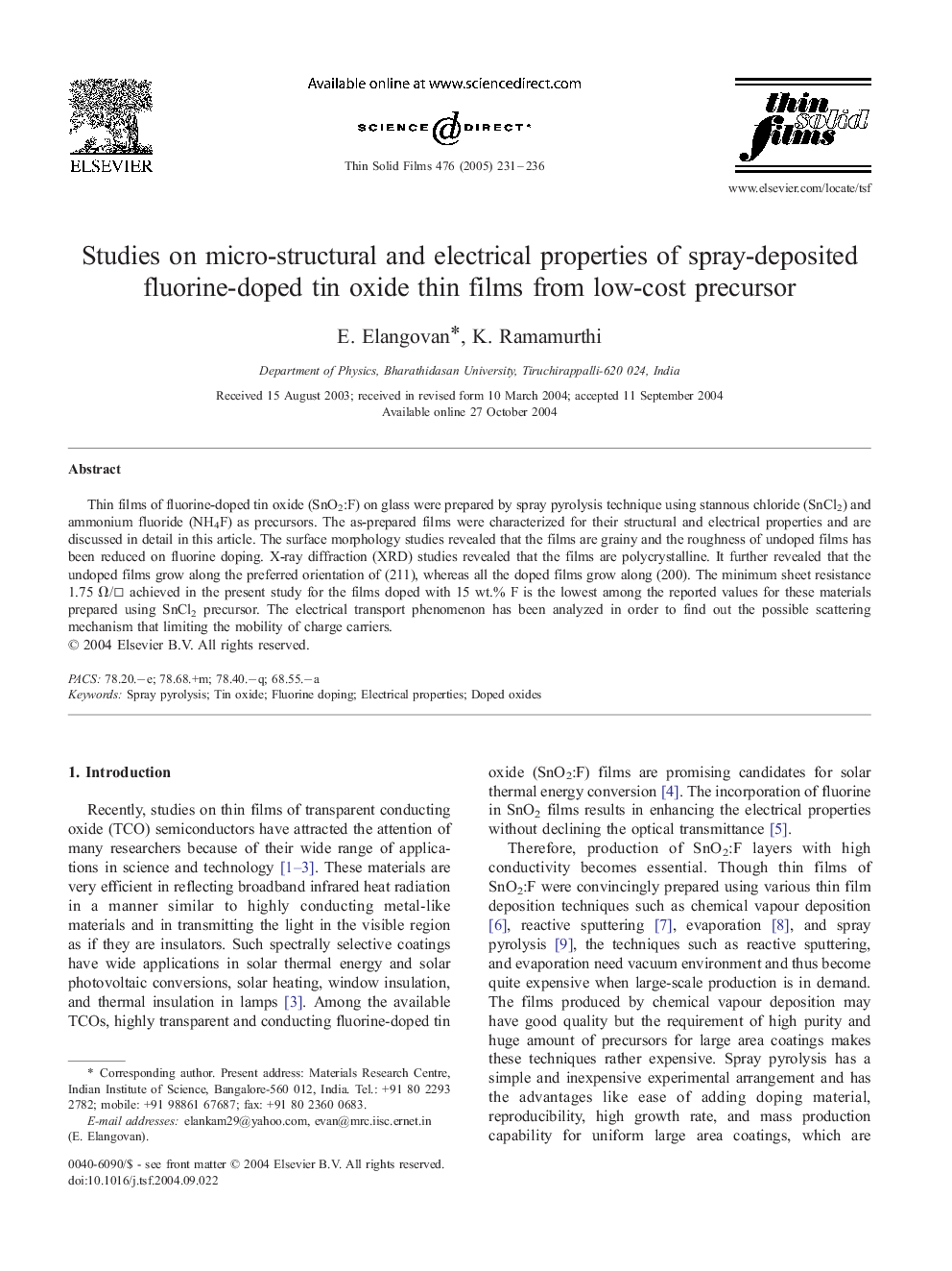 Studies on micro-structural and electrical properties of spray-deposited fluorine-doped tin oxide thin films from low-cost precursor