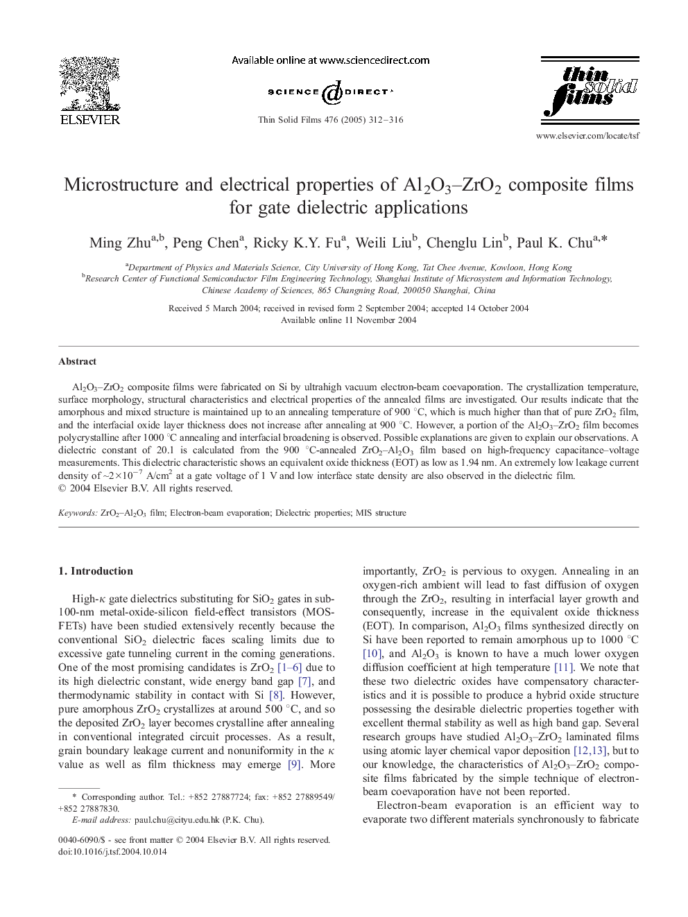 Microstructure and electrical properties of Al2O3-ZrO2 composite films for gate dielectric applications