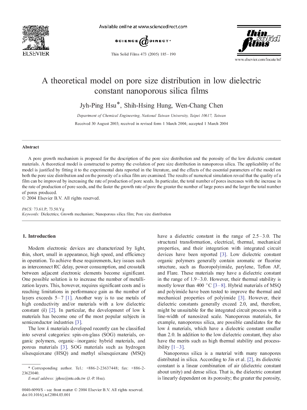 A theoretical model on pore size distribution in low dielectric constant nanoporous silica films