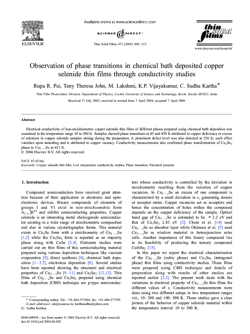 Observation of phase transitions in chemical bath deposited copper selenide thin films through conductivity studies