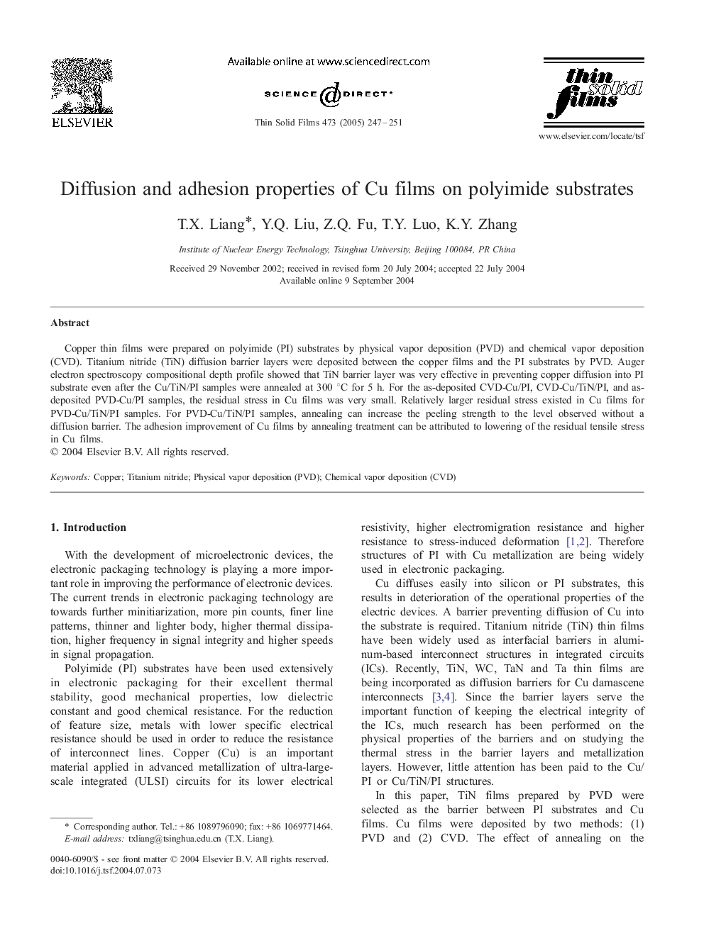 Diffusion and adhesion properties of Cu films on polyimide substrates