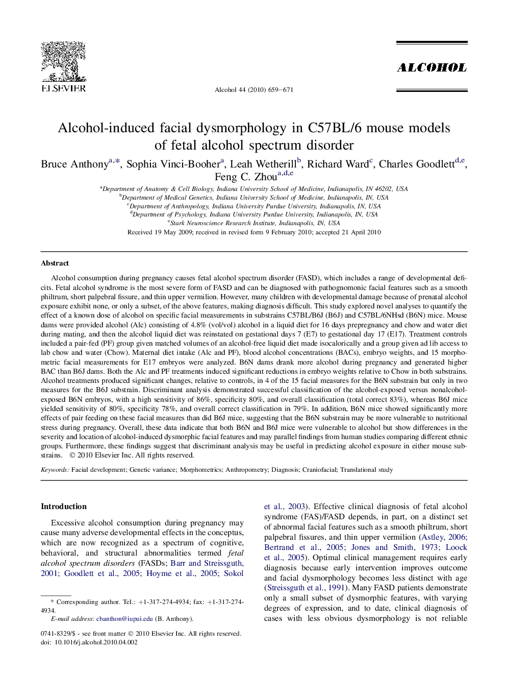 Alcohol-induced facial dysmorphology in C57BL/6 mouse models of fetal alcohol spectrum disorder