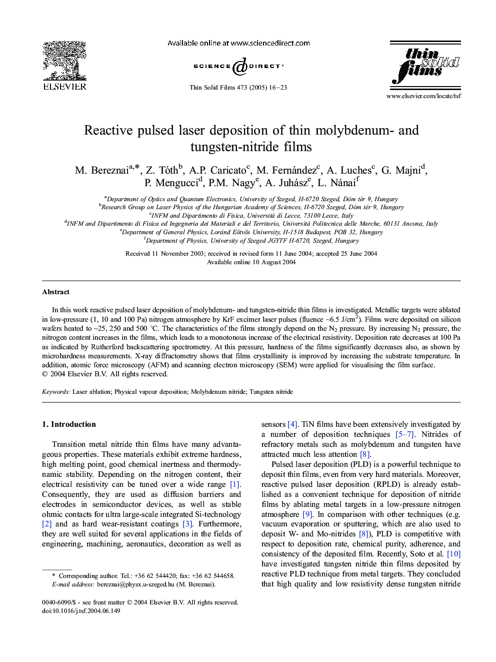 Reactive pulsed laser deposition of thin molybdenum- and tungsten-nitride films