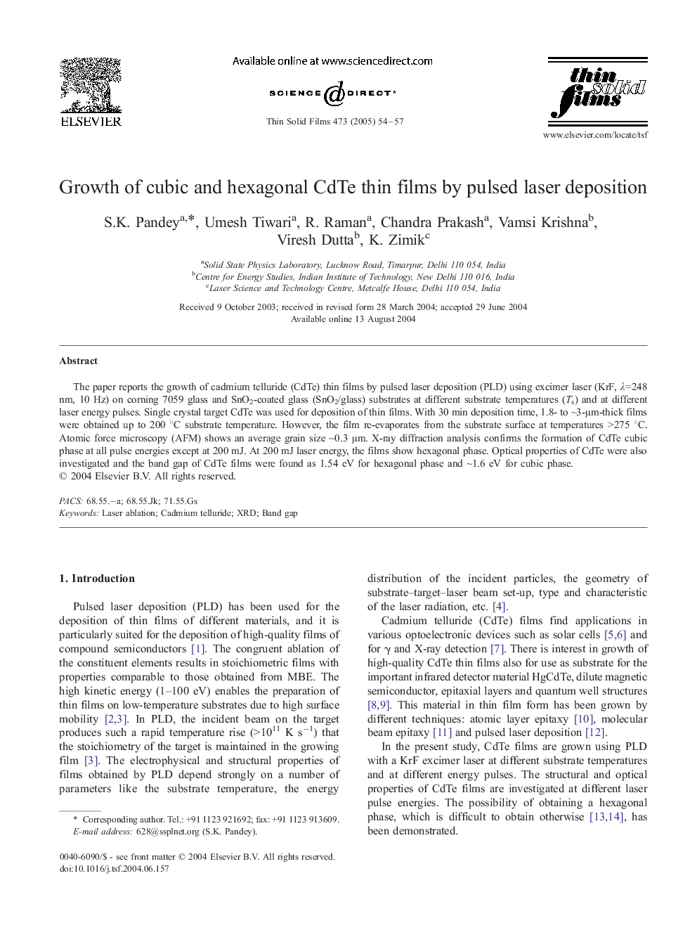 Growth of cubic and hexagonal CdTe thin films by pulsed laser deposition