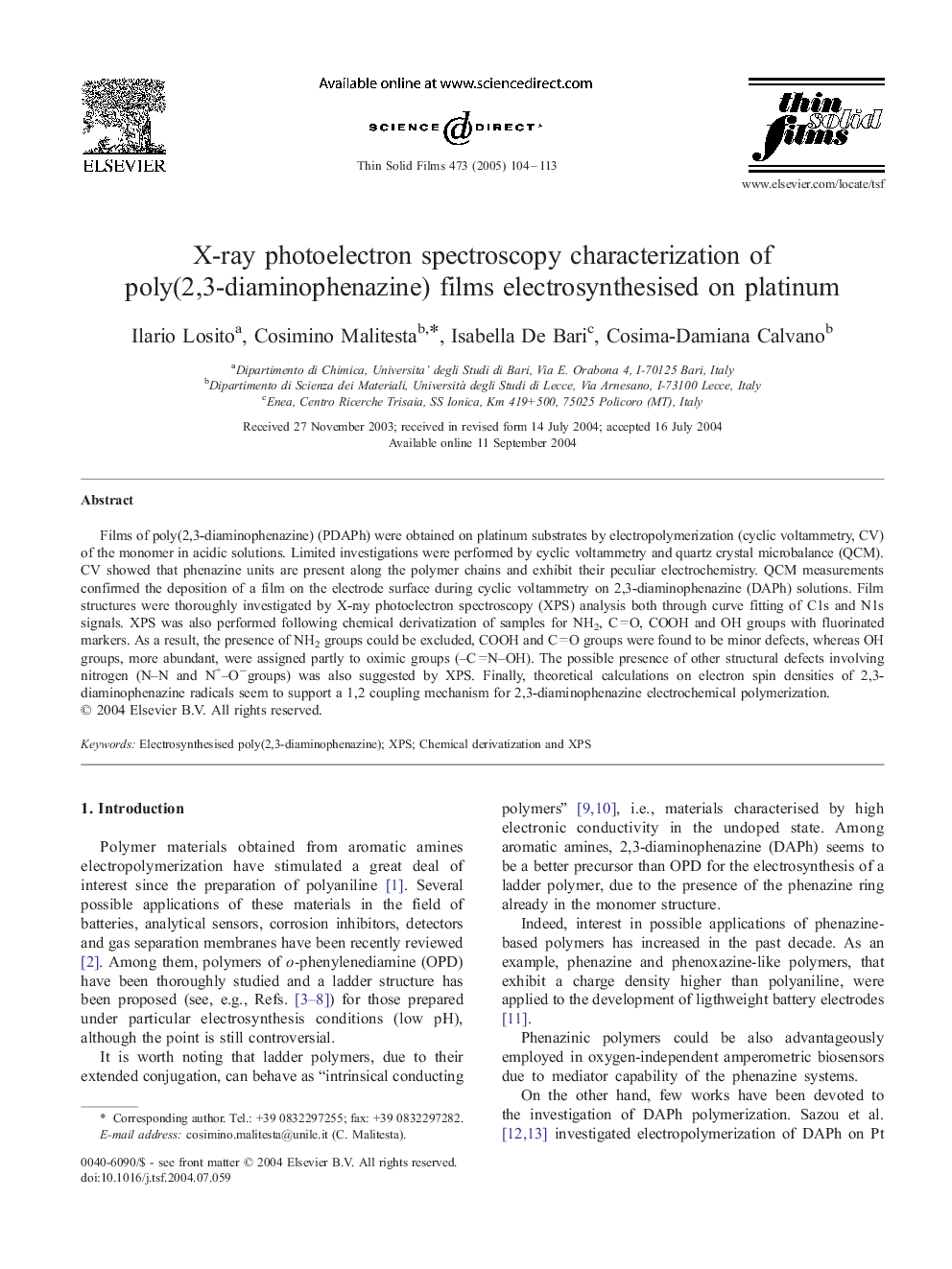 X-ray photoelectron spectroscopy characterization of poly(2,3-diaminophenazine) films electrosynthesised on platinum