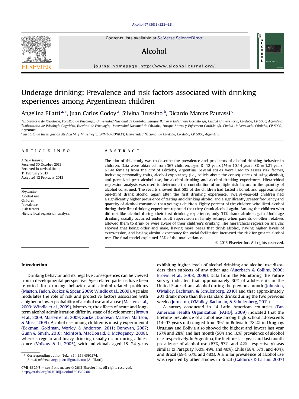 Underage drinking: Prevalence and risk factors associated with drinking experiences among Argentinean children