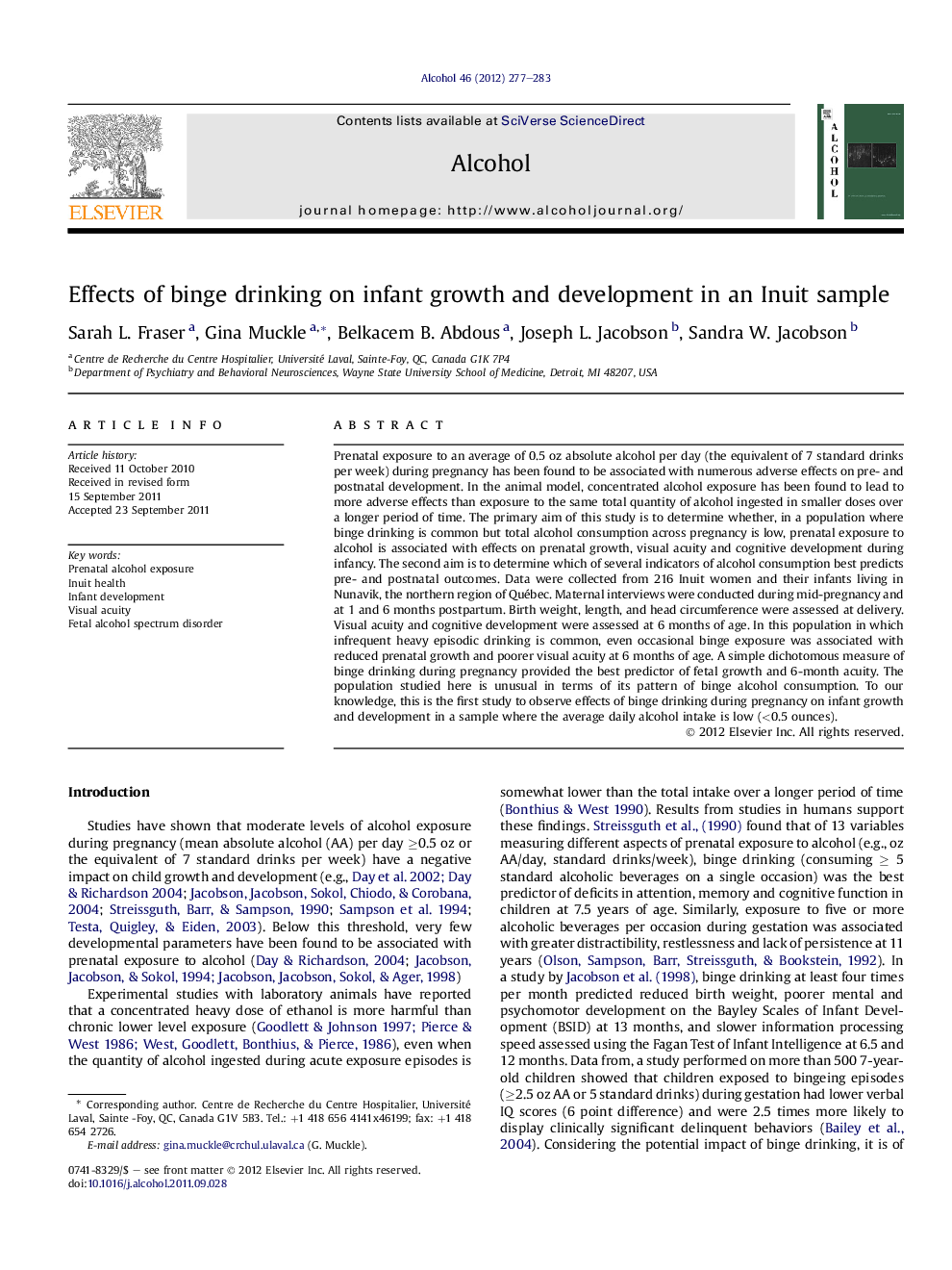 Effects of binge drinking on infant growth and development in an Inuit sample