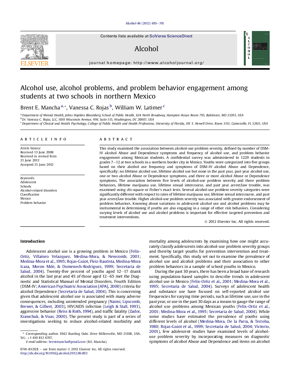 Alcohol use, alcohol problems, and problem behavior engagement among students at two schools in northern Mexico