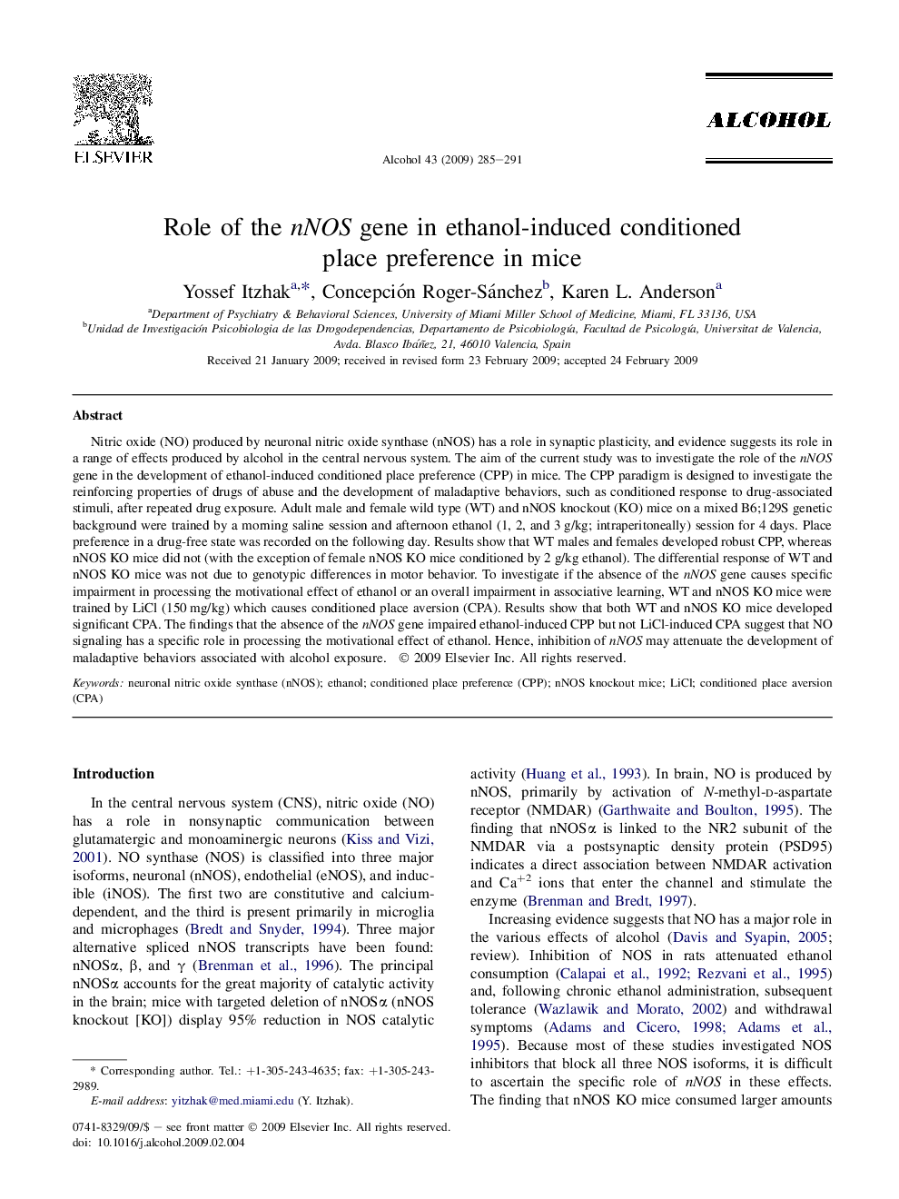 Role of the nNOS gene in ethanol-induced conditioned place preference in mice