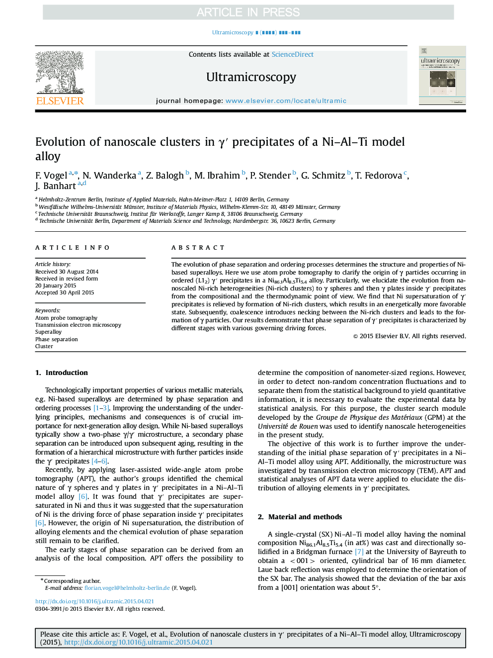 Evolution of nanoscale clusters in Î³â² precipitates of a Ni-Al-Ti model alloy