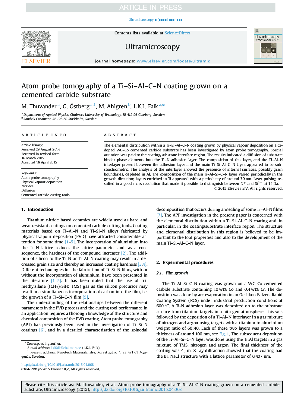 Atom probe tomography of a Ti-Si-Al-C-N coating grown on a cemented carbide substrate