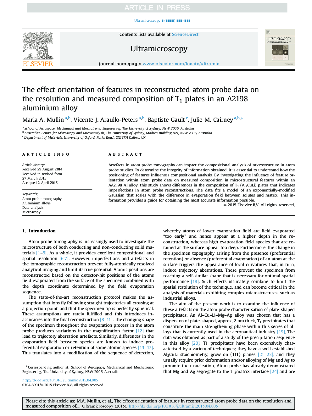 The effect orientation of features in reconstructed atom probe data on the resolution and measured composition of T1 plates in an A2198 aluminium alloy