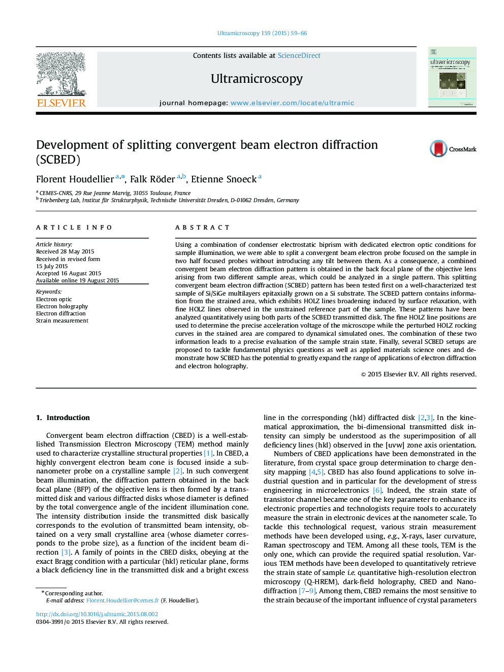 Development of splitting convergent beam electron diffraction (SCBED)