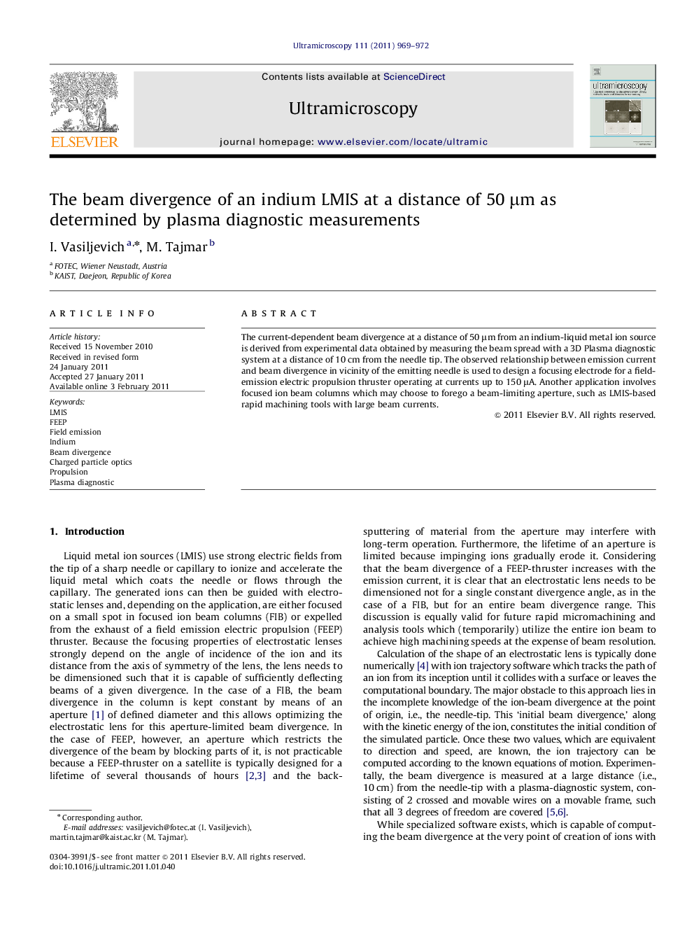 The beam divergence of an indium LMIS at a distance of 50Â Î¼m as determined by plasma diagnostic measurements