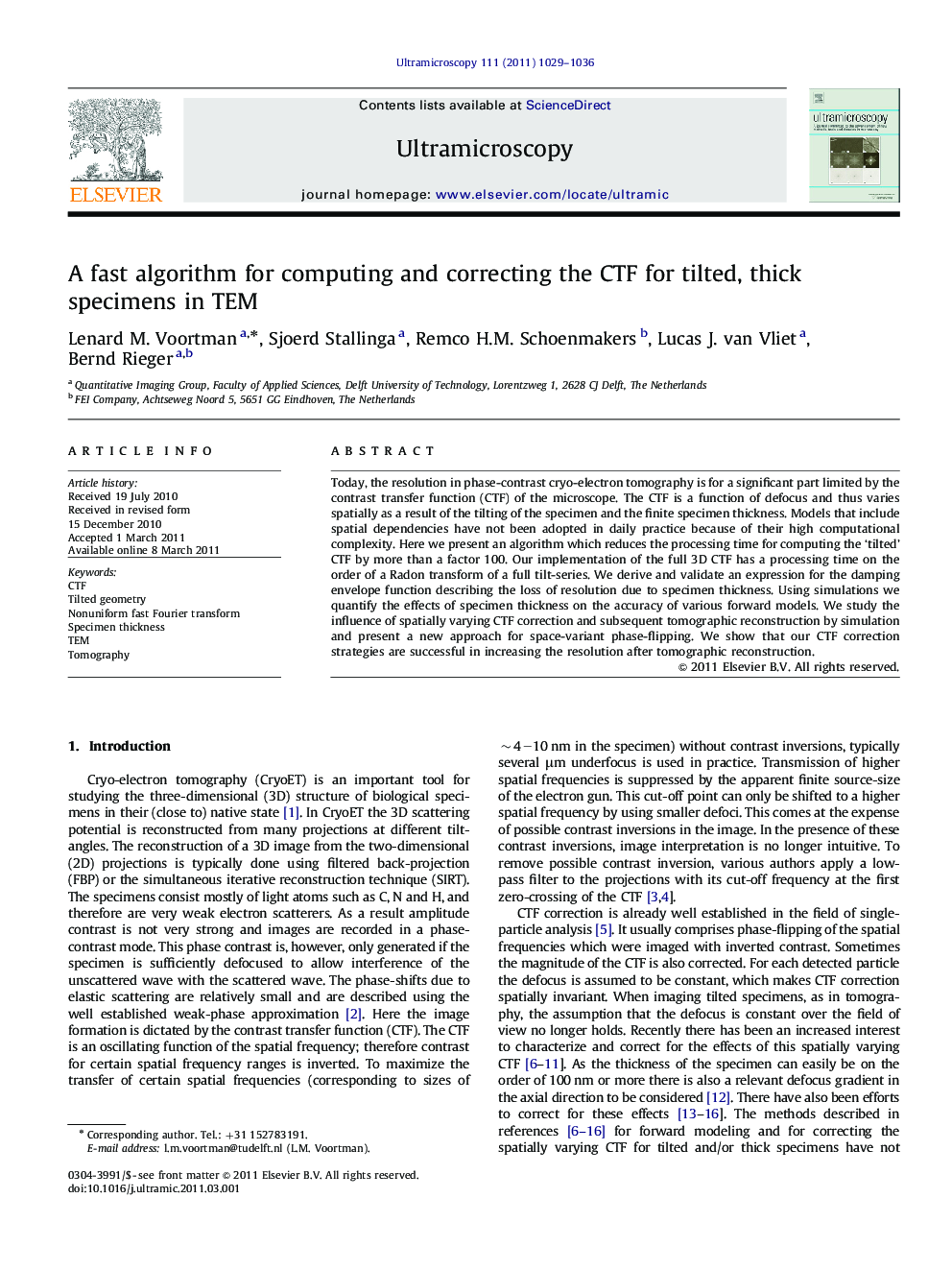 A fast algorithm for computing and correcting the CTF for tilted, thick specimens in TEM
