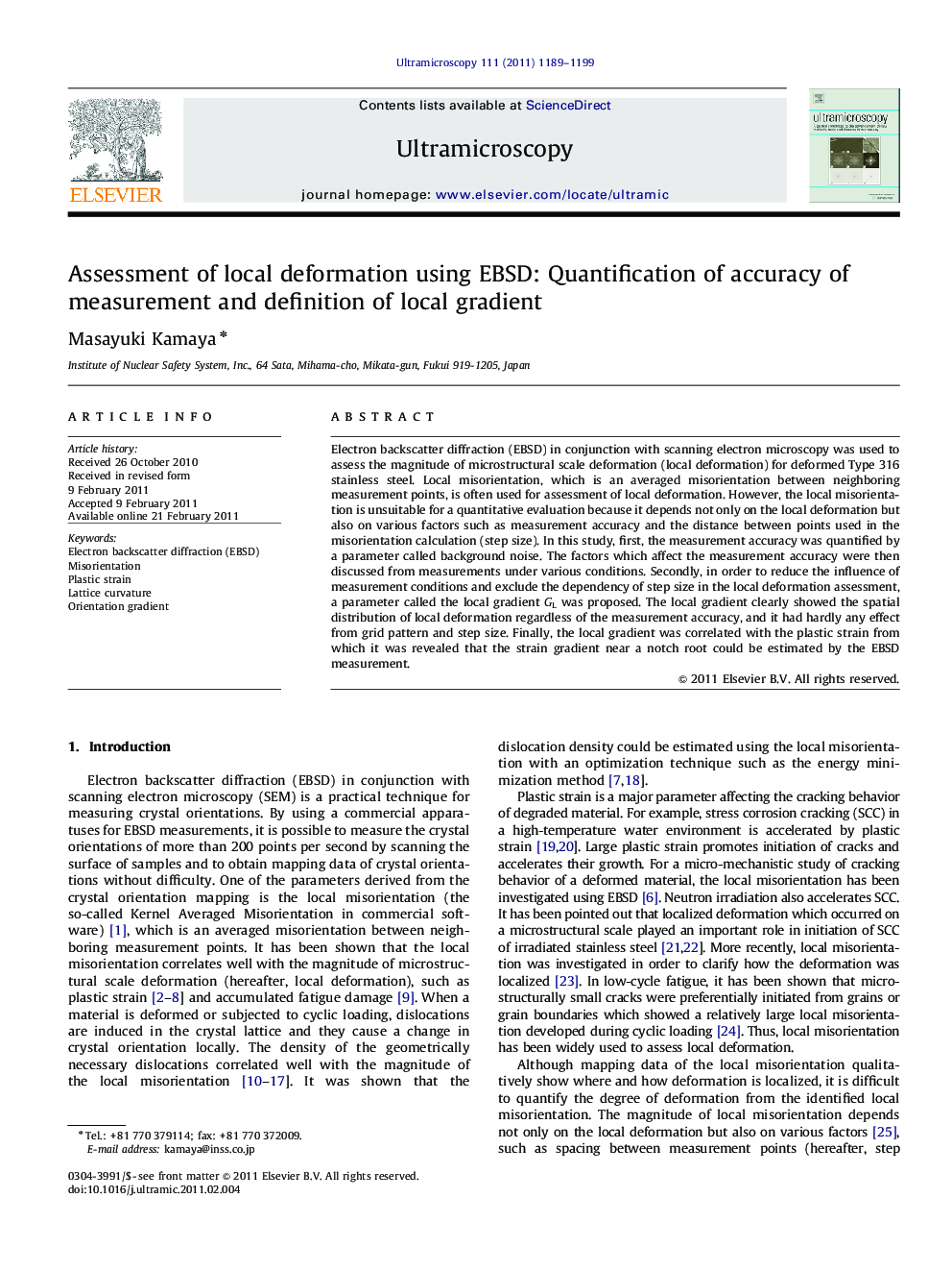 Assessment of local deformation using EBSD: Quantification of accuracy of measurement and definition of local gradient