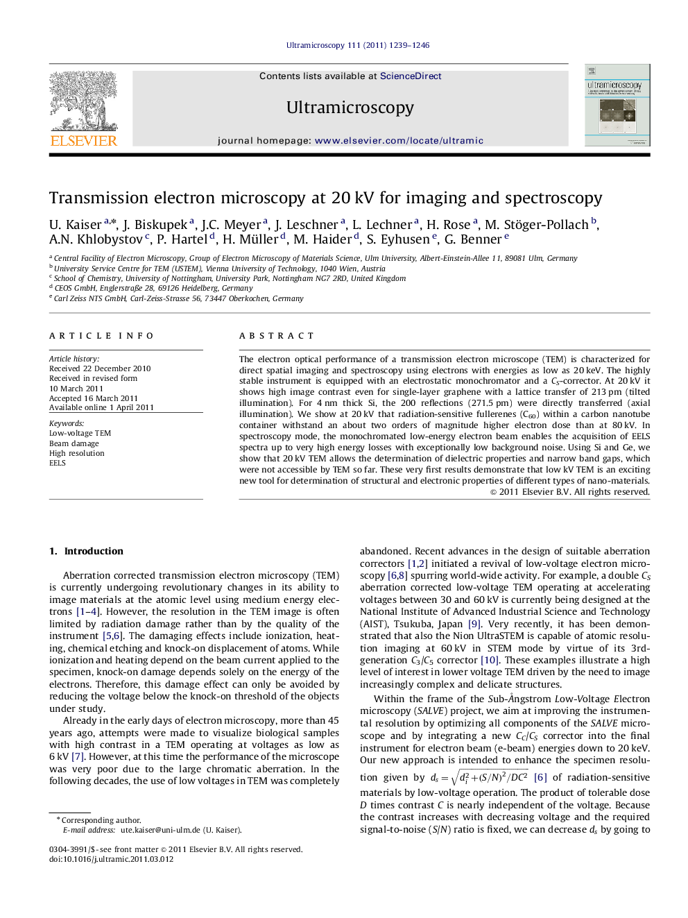 Transmission electron microscopy at 20Â kV for imaging and spectroscopy