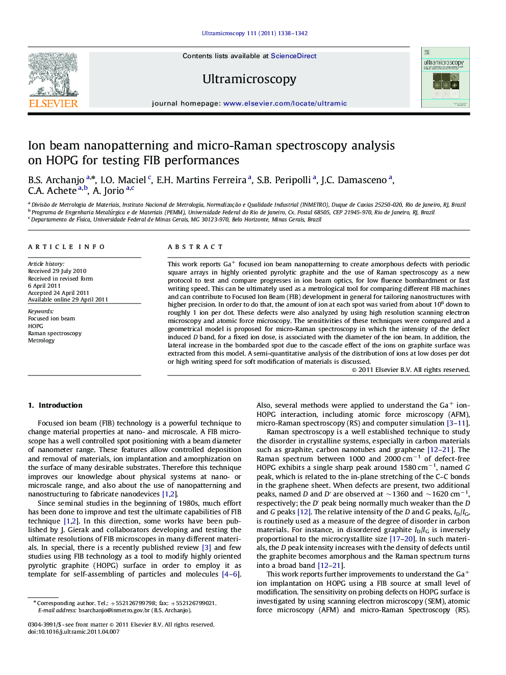 Ion beam nanopatterning and micro-Raman spectroscopy analysis on HOPG for testing FIB performances