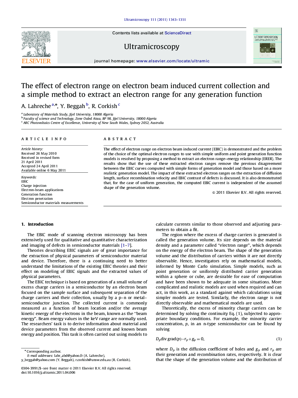 The effect of electron range on electron beam induced current collection and a simple method to extract an electron range for any generation function