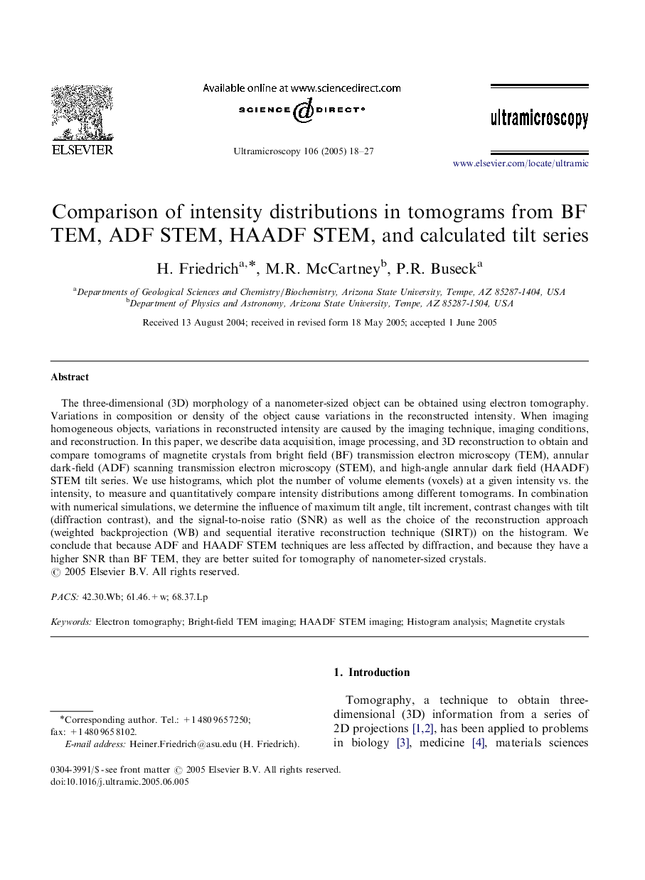 Comparison of intensity distributions in tomograms from BF TEM, ADF STEM, HAADF STEM, and calculated tilt series