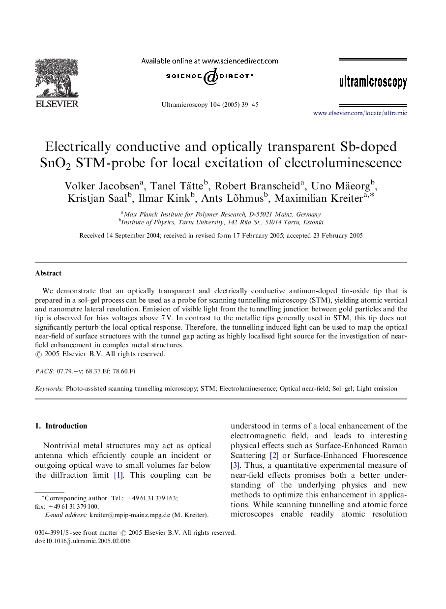 Electrically conductive and optically transparent Sb-doped SnO2 STM-probe for local excitation of electroluminescence