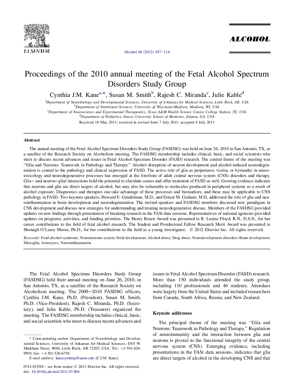 Proceedings of the 2010 annual meeting of the Fetal Alcohol Spectrum Disorders Study Group