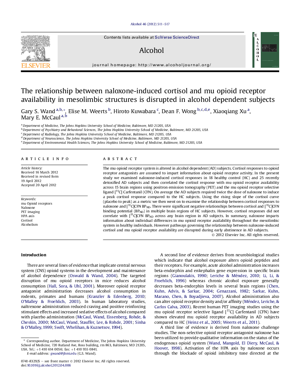 The relationship between naloxone-induced cortisol and mu opioid receptor availability in mesolimbic structures is disrupted in alcohol dependent subjects