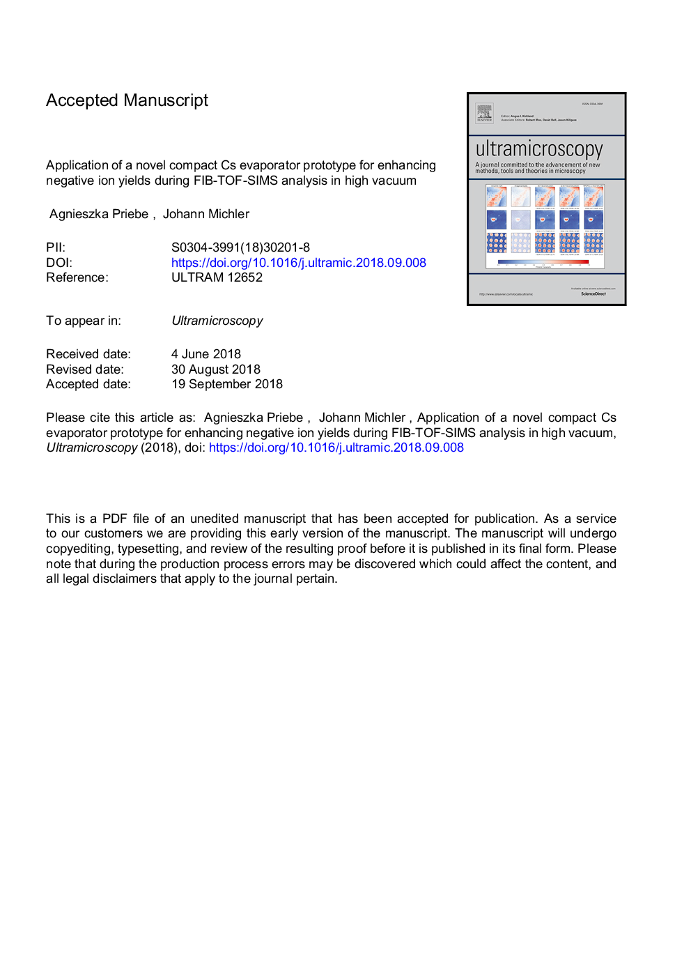 Application of a novel compact Cs evaporator prototype for enhancing negative ion yields during FIB-TOF-SIMS analysis in high vacuum