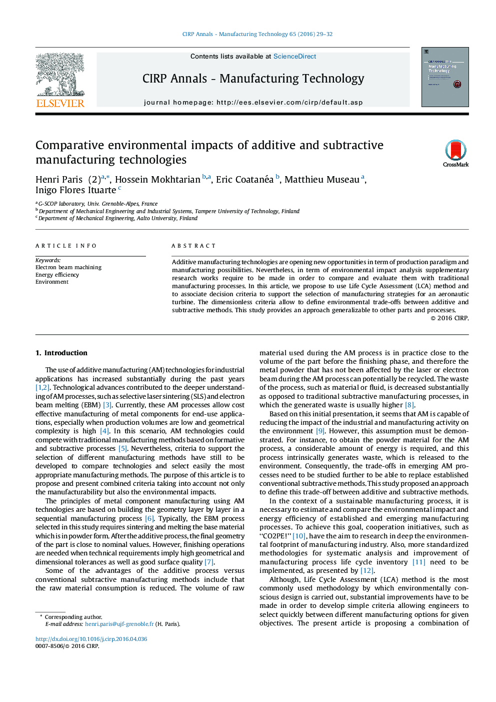 Comparative environmental impacts of additive and subtractive manufacturing technologies