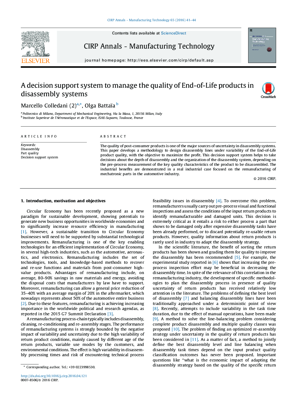 A decision support system to manage the quality of End-of-Life products in disassembly systems