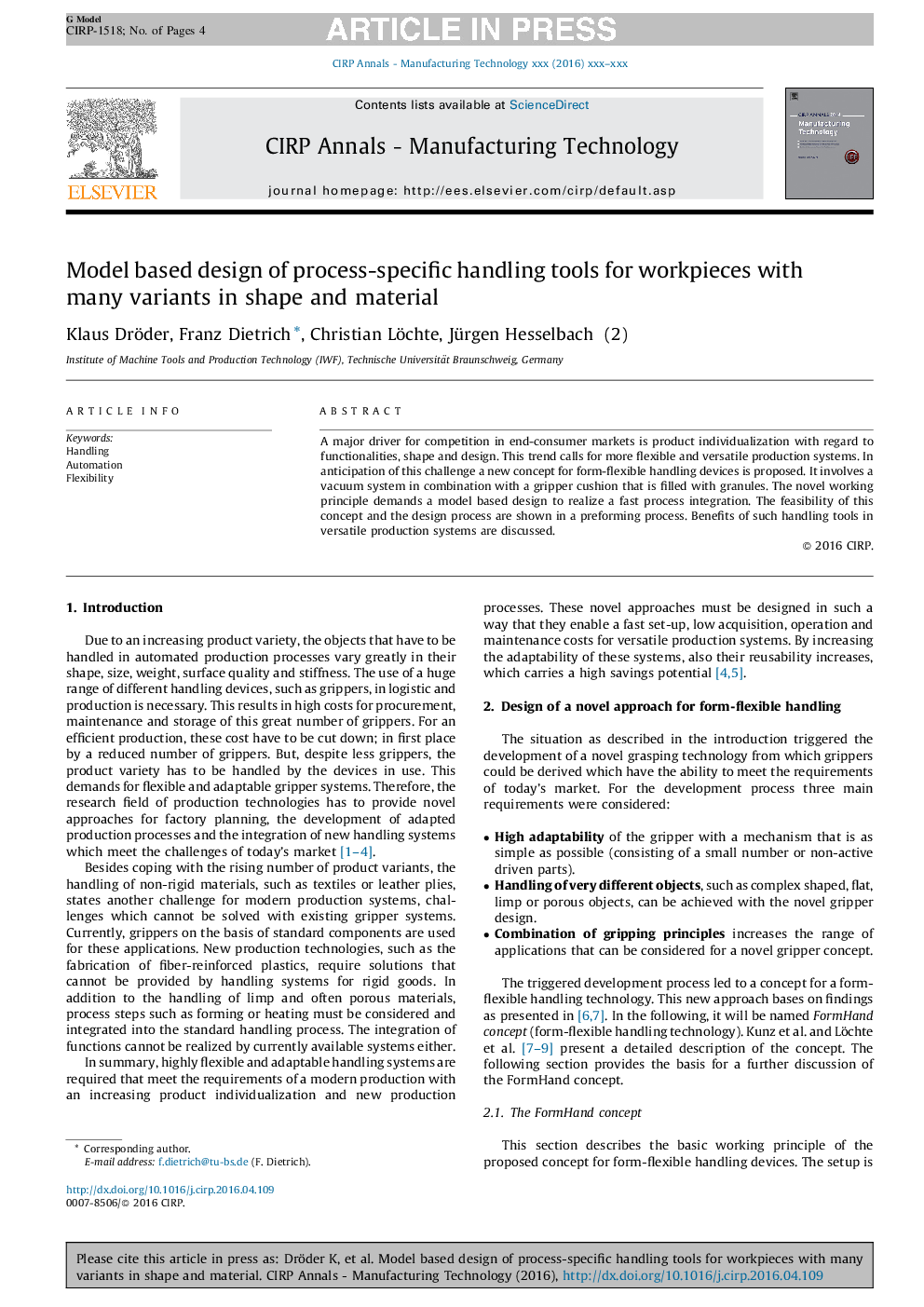 Model based design of process-specific handling tools for workpieces with many variants in shape and material