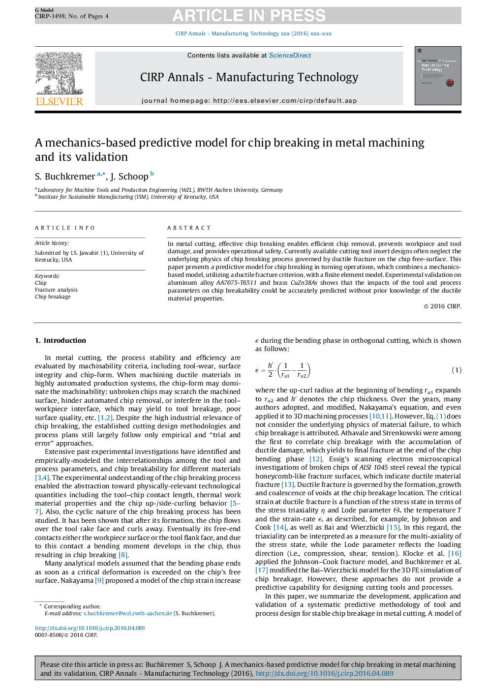 A mechanics-based predictive model for chip breaking in metal machining and its validation