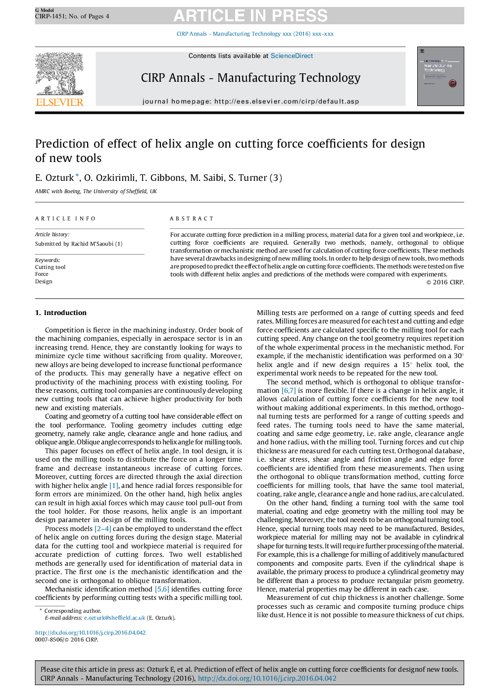 Prediction of effect of helix angle on cutting force coefficients for design of new tools