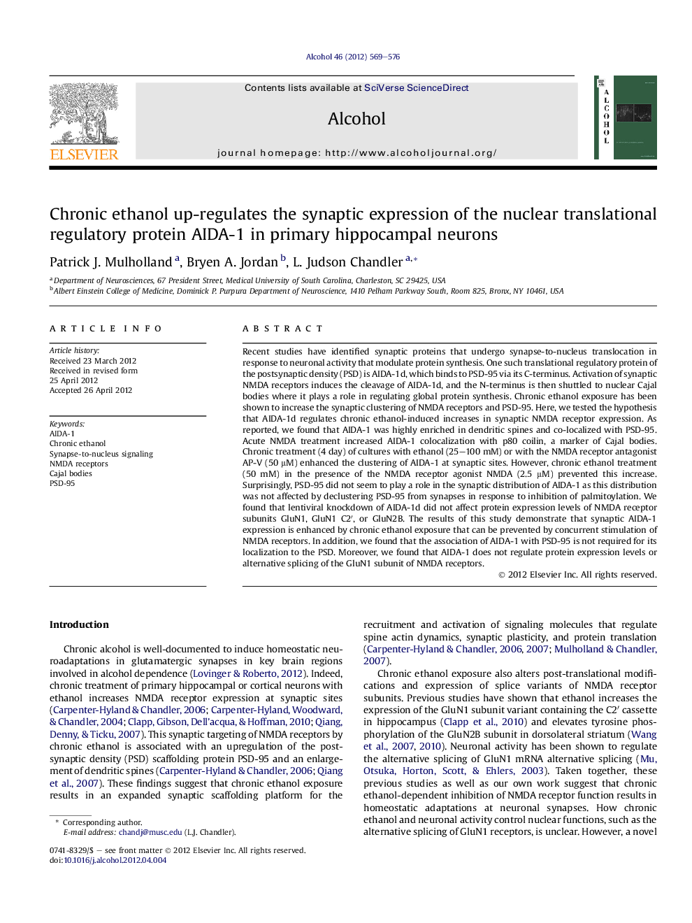 Chronic ethanol up-regulates the synaptic expression of the nuclear translational regulatory protein AIDA-1 in primary hippocampal neurons