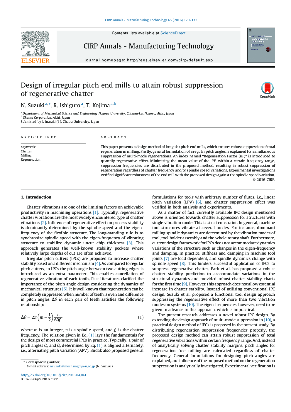 Design of irregular pitch end mills to attain robust suppression of regenerative chatter