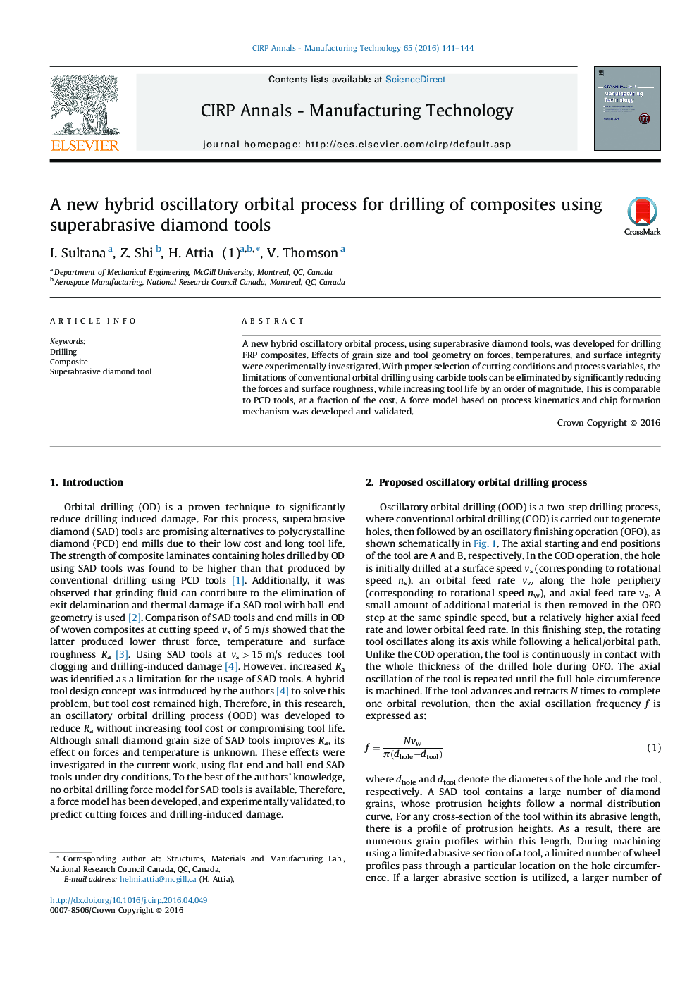 A new hybrid oscillatory orbital process for drilling of composites using superabrasive diamond tools